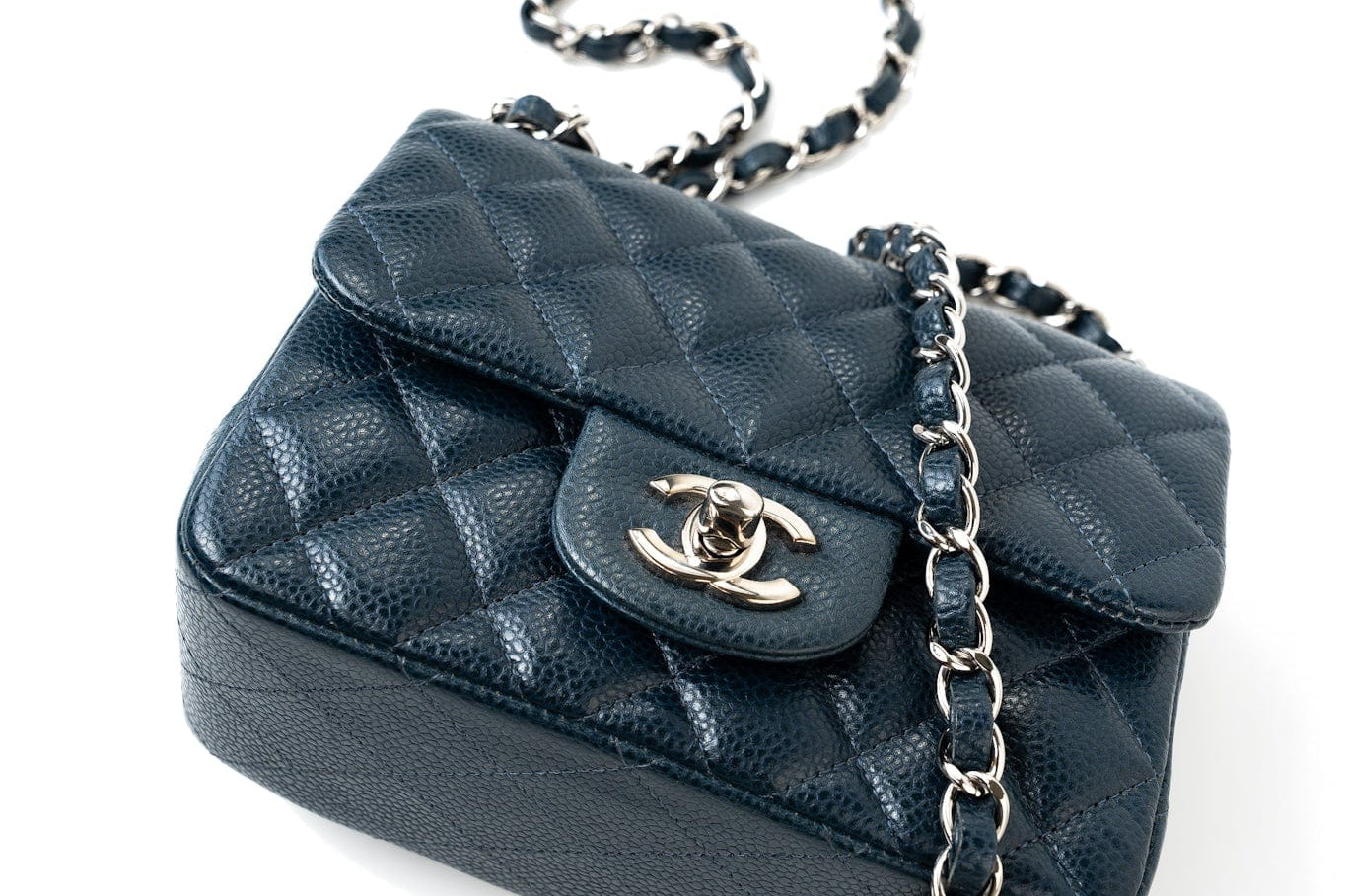 CHANEL Handbag Blue Navy Blue Caviar Quilted Mini Square Single Flap Silver Hardware -Knockoff
