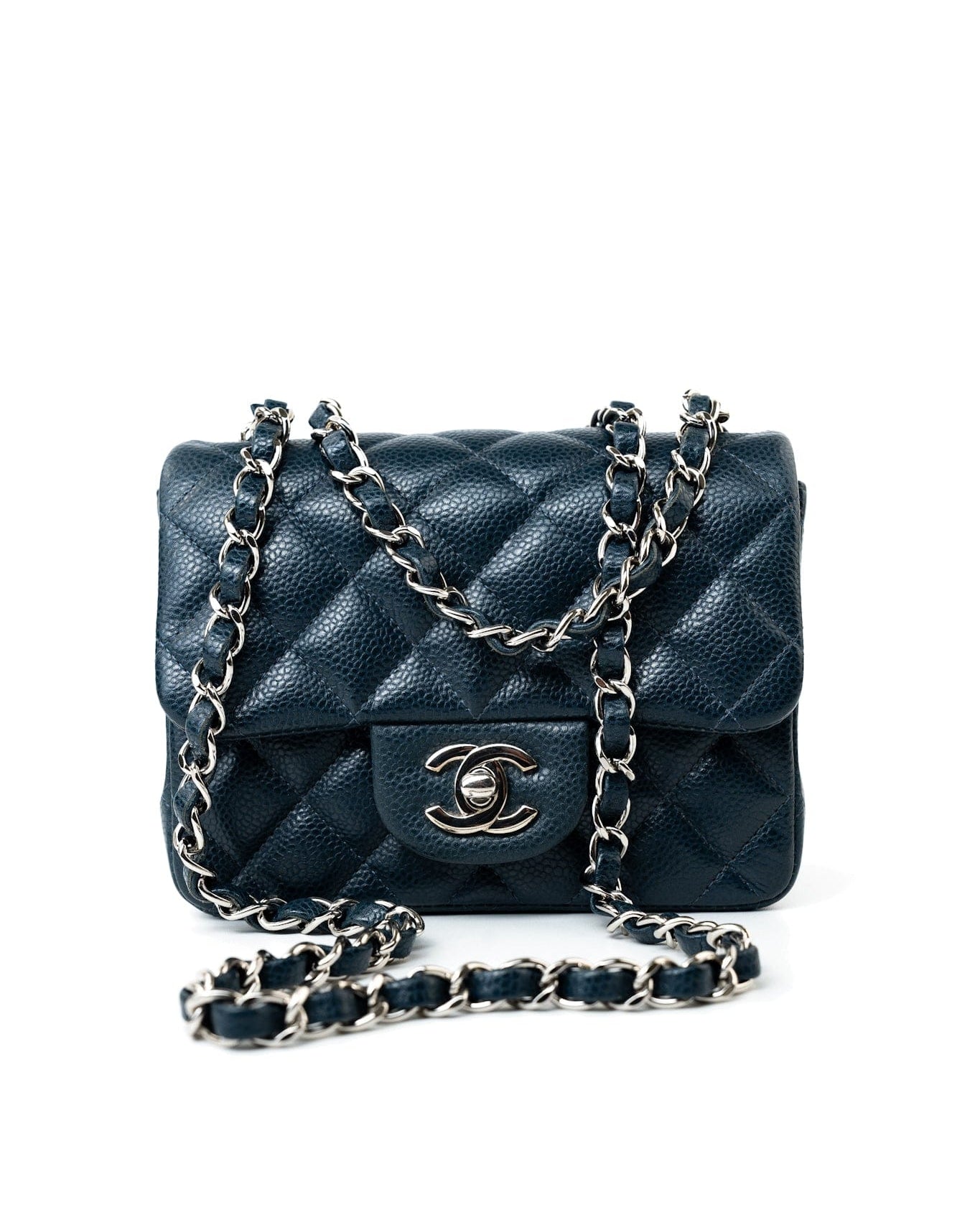 CHANEL Handbag Blue Navy Blue Caviar Quilted Mini Square Single Flap Silver Hardware -Knockoff
