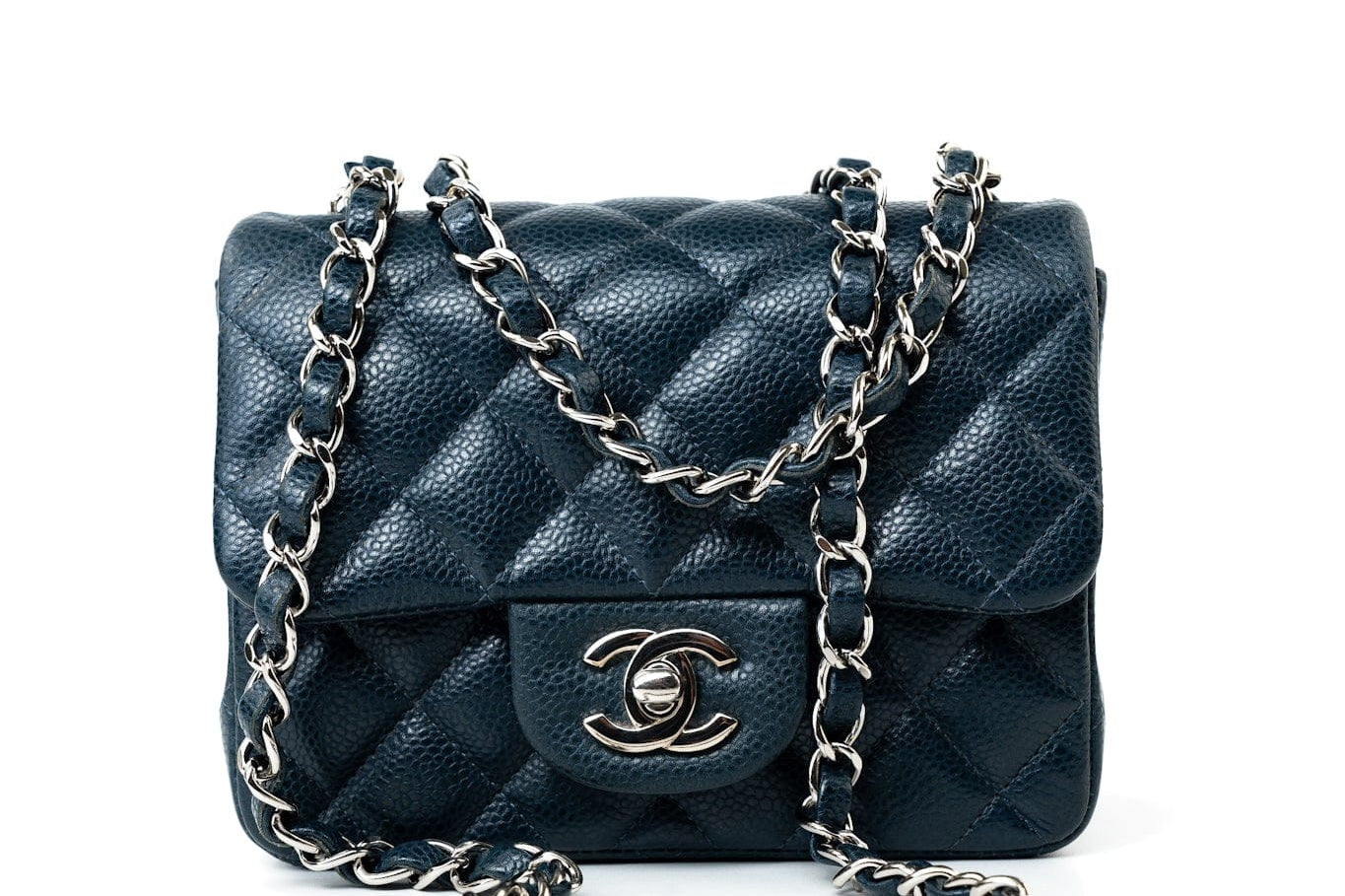 CHANEL Handbag Blue Navy Blue Caviar Quilted Mini Square Single Flap Silver Hardware -Knockoff
