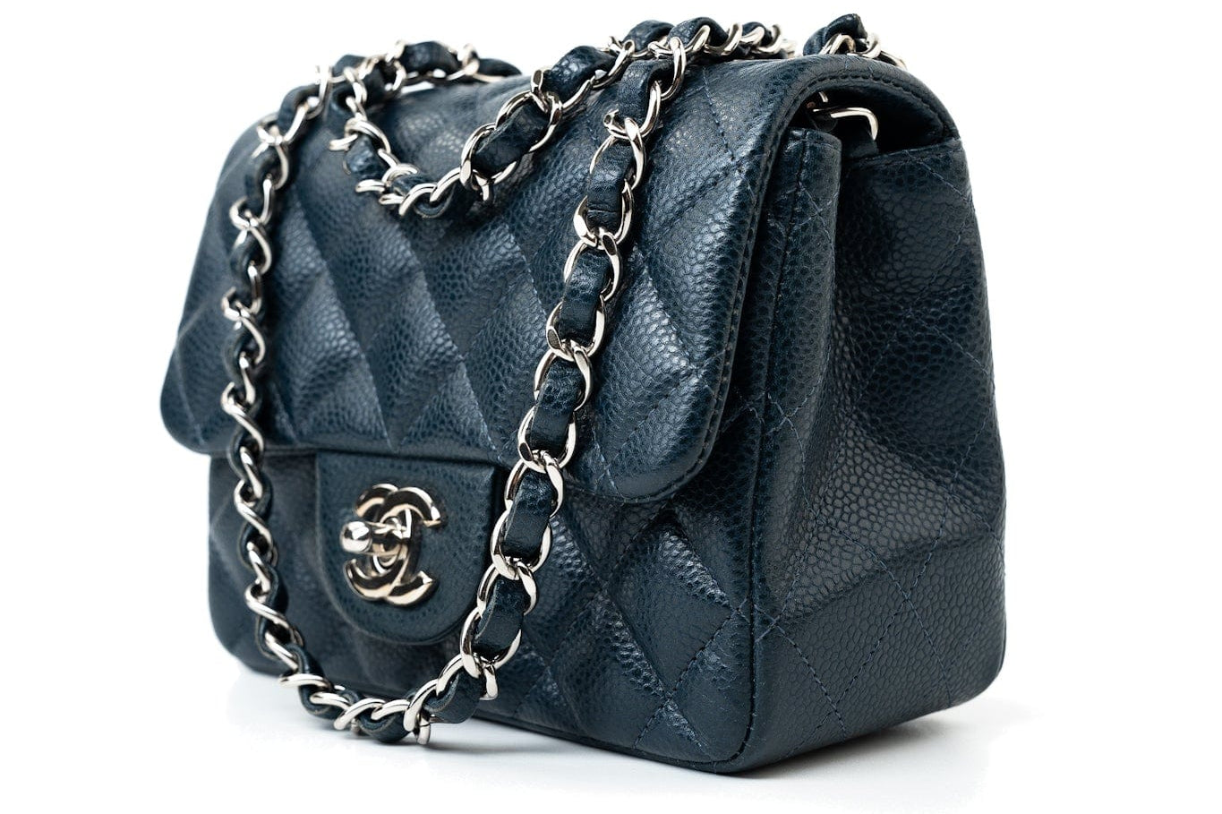 CHANEL Handbag Blue Navy Blue Caviar Quilted Mini Square Single Flap Silver Hardware -Knockoff
