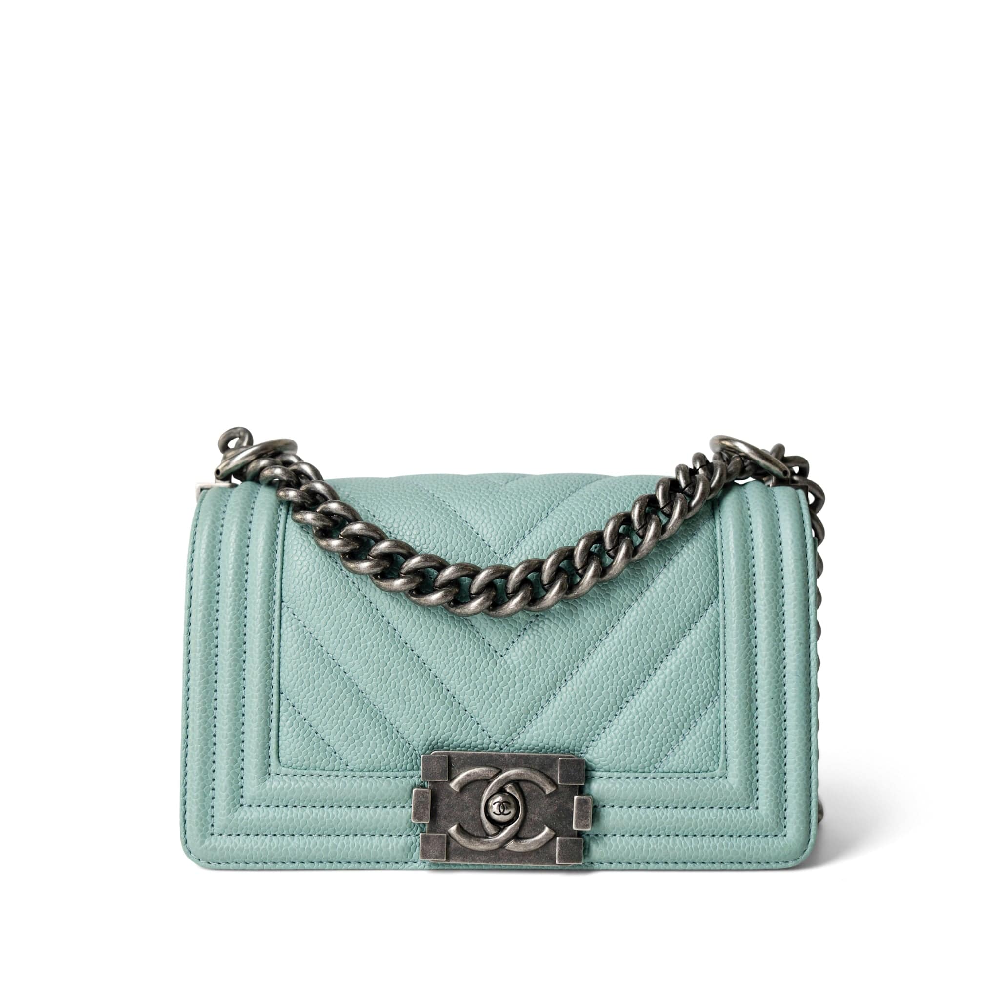 CHANEL Handbag Boy / Green 20C Tiffany Blue Caviar Chevron Small Boy Bag Ruthenium Hardware -Knockoff
