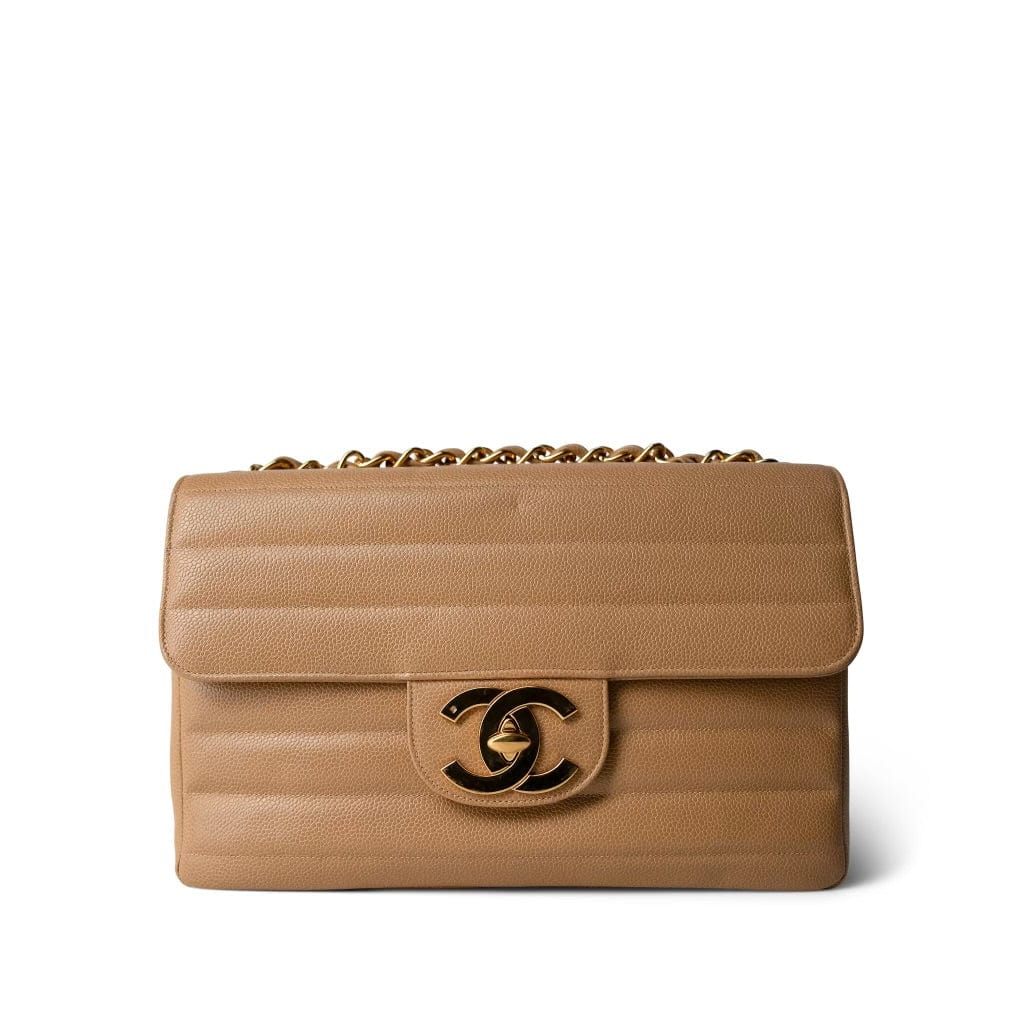 CHANEL Handbag Brown Beige Jumbo Horizontal Stripe Single Flap Gold Hardware -Knockoff
