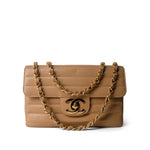 CHANEL Handbag Brown Beige Jumbo Horizontal Stripe Single Flap Gold Hardware -Knockoff
