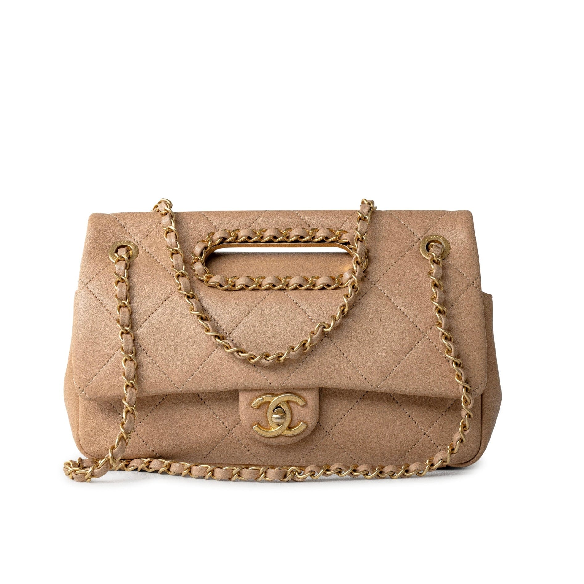 CHANEL Handbag Brown Lambskin Quilted A Real Catch Flap Bag Beige Aged Gold Hardware -Knockoff
