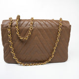 CHANEL Handbag Brown Taupe Caviar Chevron Maxi Single Flap 24K Gold Hardware -Knockoff
