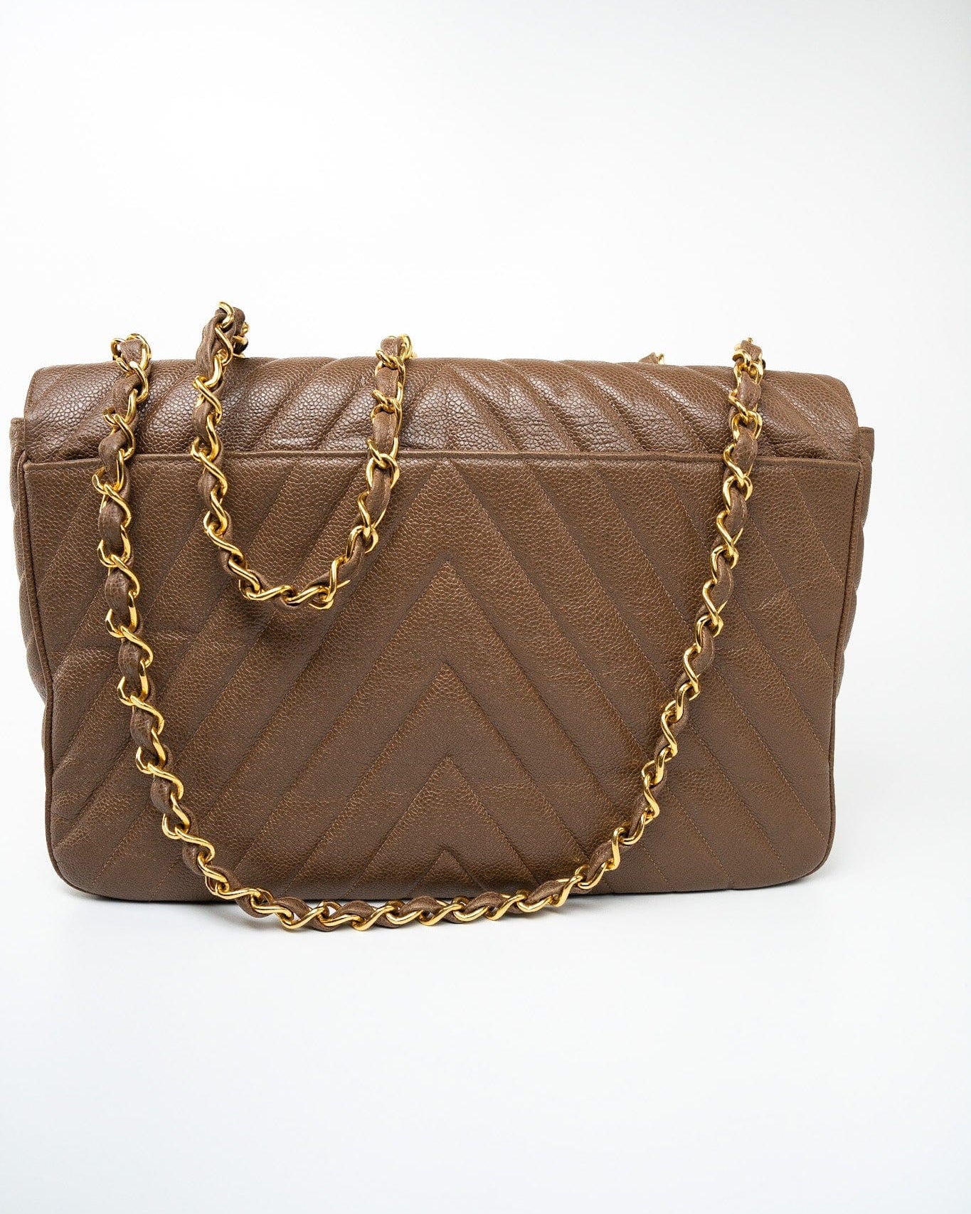 CHANEL Handbag Brown Taupe Caviar Chevron Maxi Single Flap 24K Gold Hardware -Knockoff
