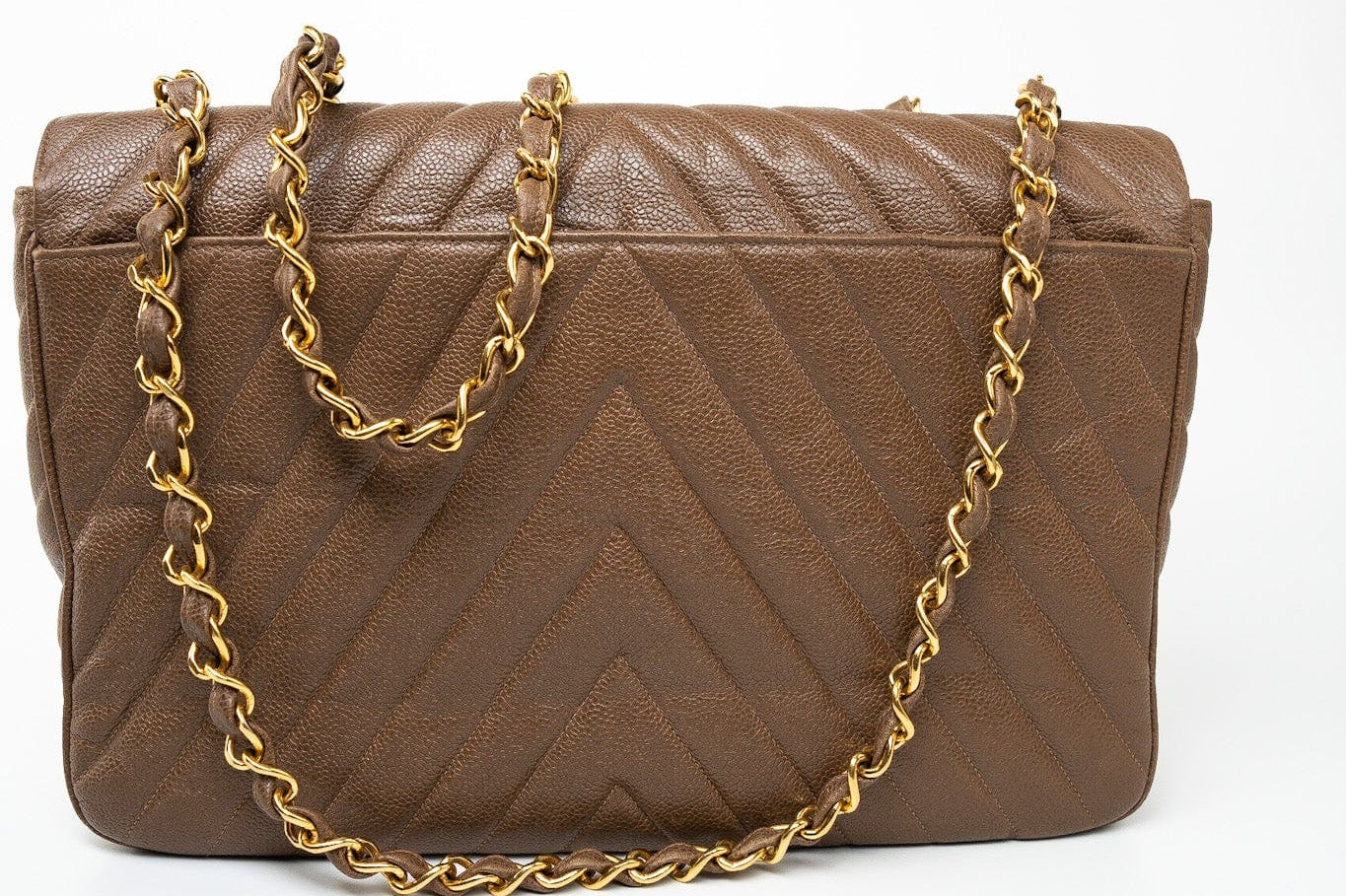 CHANEL Handbag Brown Taupe Caviar Chevron Maxi Single Flap 24K Gold Hardware -Knockoff
