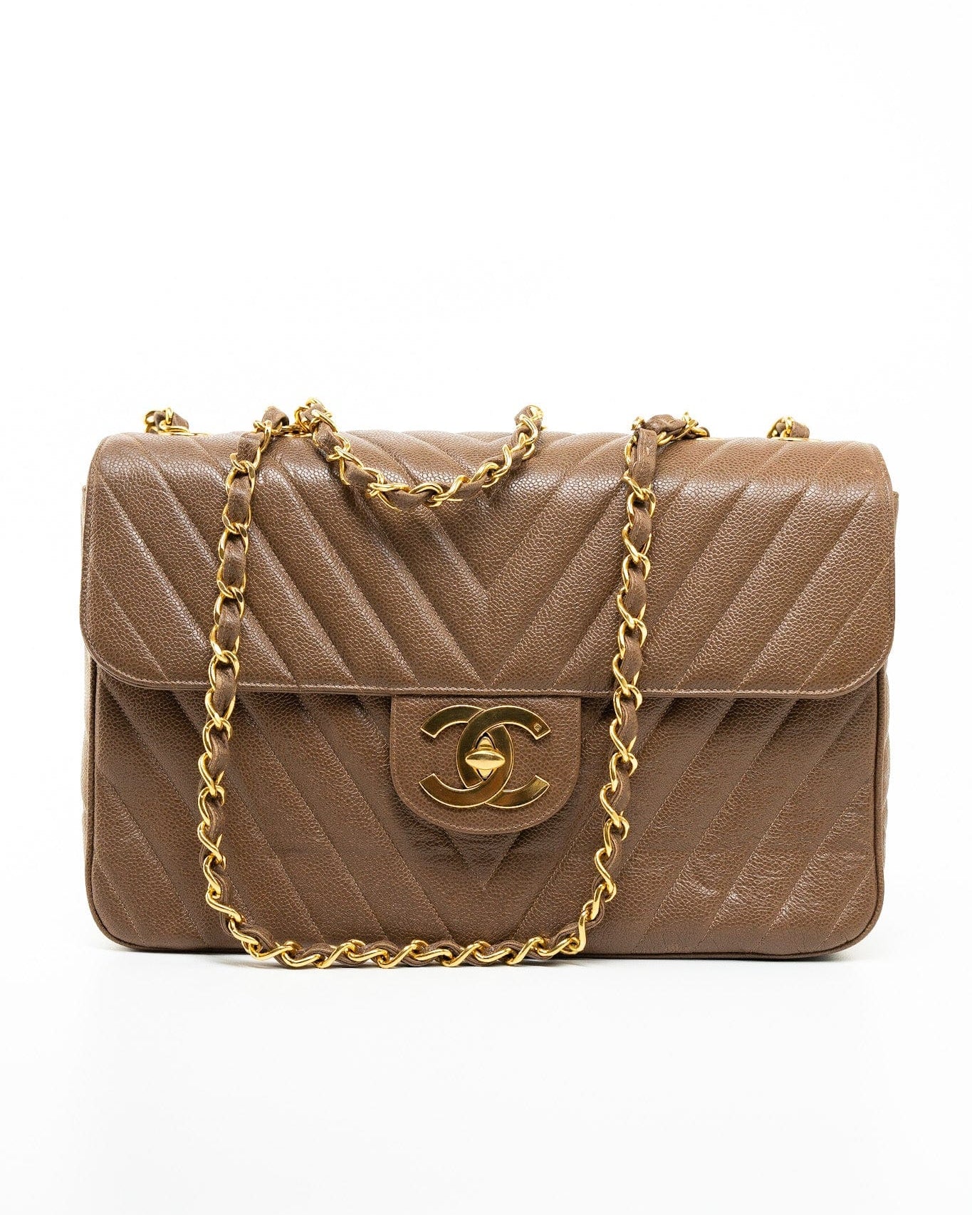 CHANEL Handbag Brown Taupe Caviar Chevron Maxi Single Flap 24K Gold Hardware -Knockoff
