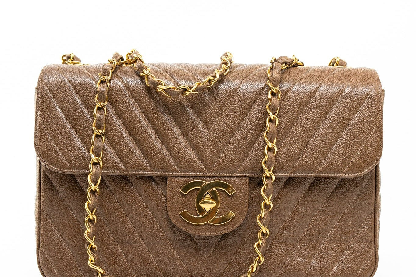 CHANEL Handbag Brown Taupe Caviar Chevron Maxi Single Flap 24K Gold Hardware -Knockoff
