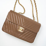 CHANEL Handbag Brown Taupe Caviar Chevron Maxi Single Flap 24K Gold Hardware -Knockoff
