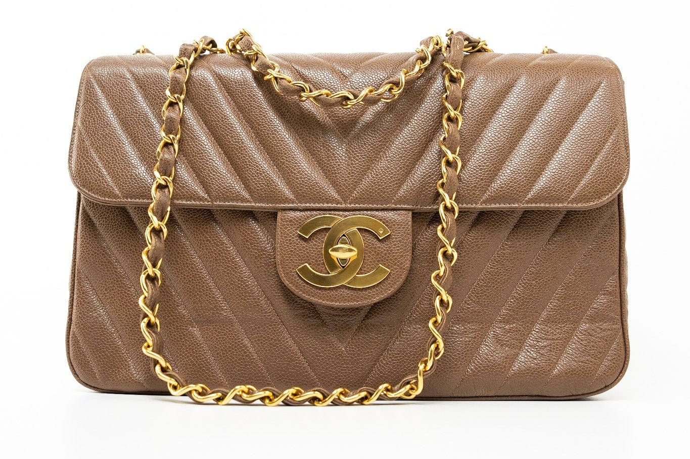 CHANEL Handbag Brown Taupe Caviar Chevron Maxi Single Flap 24K Gold Hardware -Knockoff
