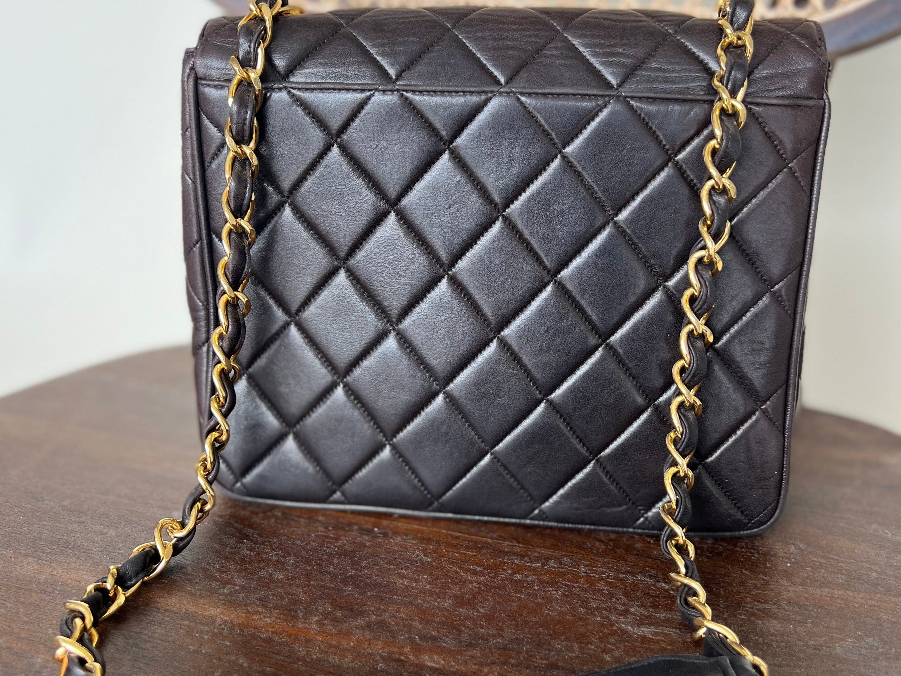 CHANEL Handbag Brown Vintage Black / Dark Brown Lambskin Quilted Square CC Flap GHW -Knockoff
