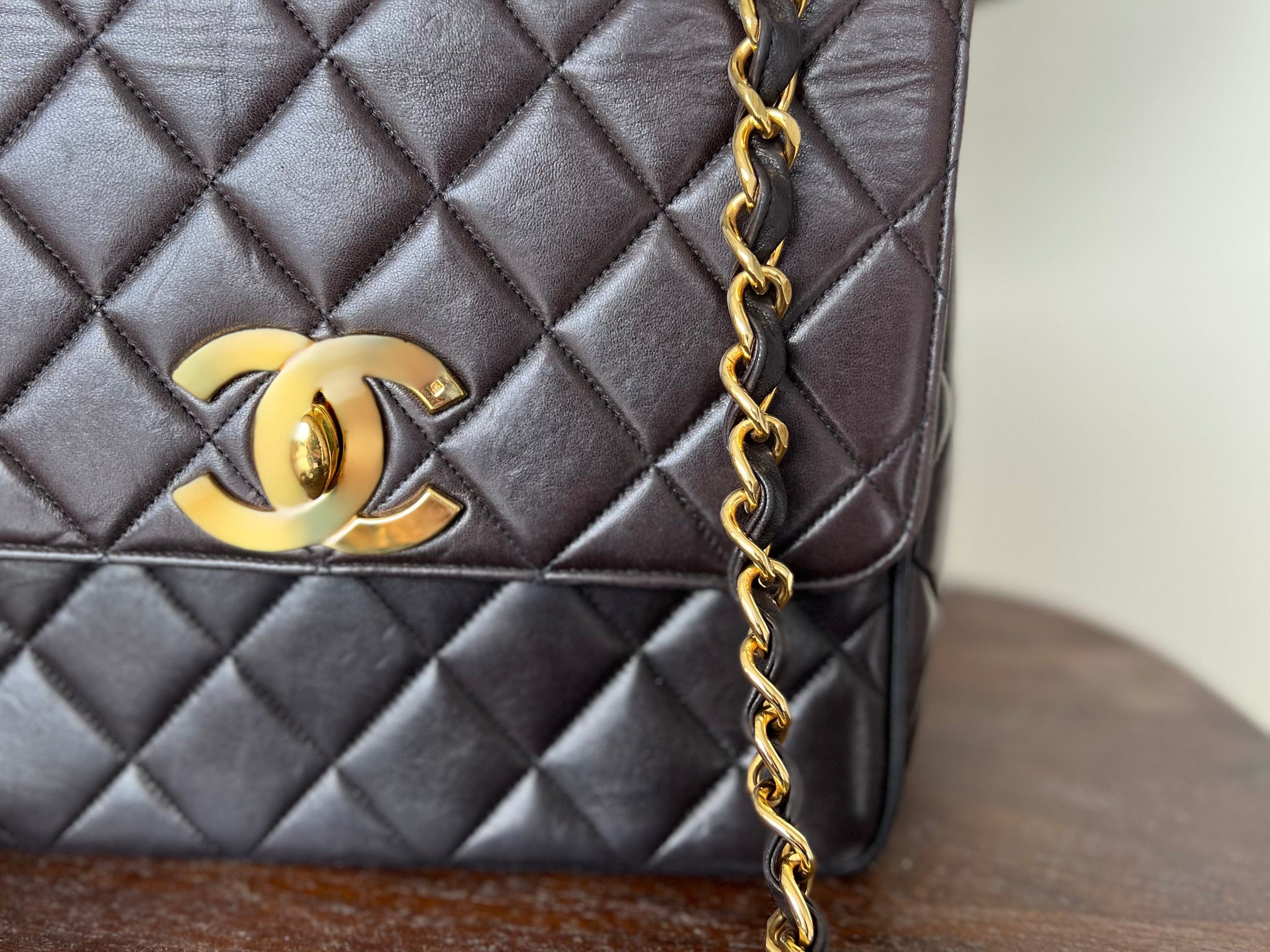 CHANEL Handbag Brown Vintage Black / Dark Brown Lambskin Quilted Square CC Flap GHW -Knockoff
