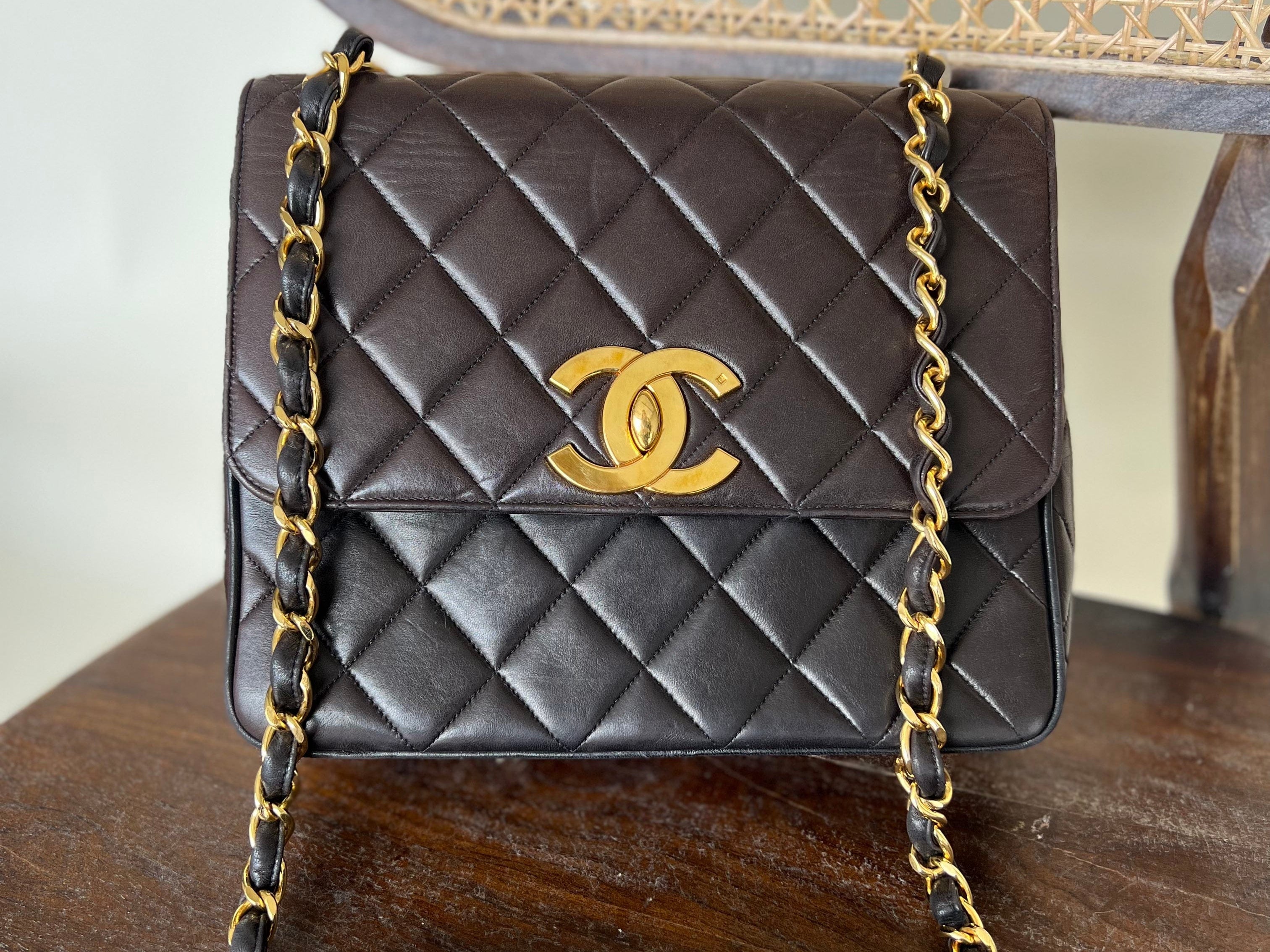 CHANEL Handbag Brown Vintage Black / Dark Brown Lambskin Quilted Square CC Flap GHW -Knockoff
