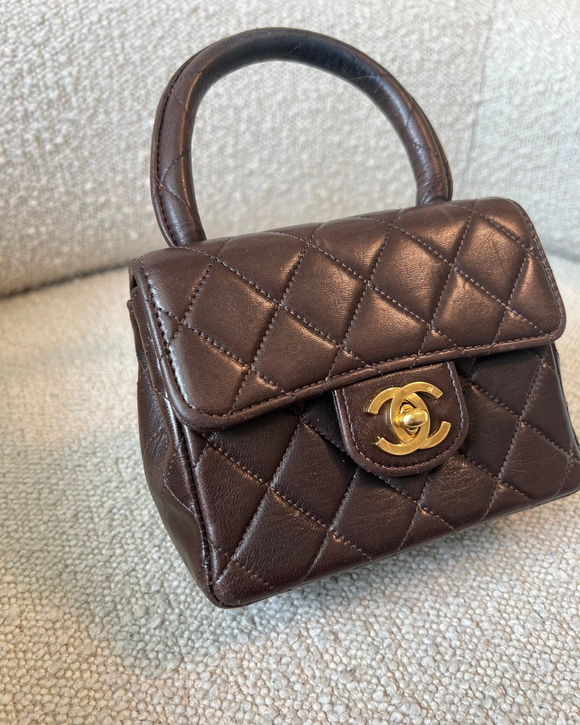 CHANEL Handbag Brown Vintage Brown Lambskin Quilted Micro Mini Kelly with Top Handle GHW -Knockoff
