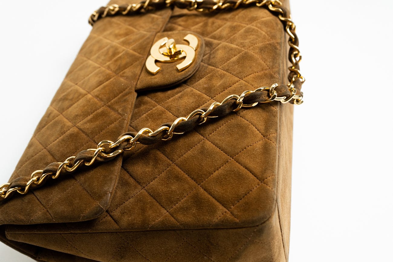 CHANEL Handbag Brown Vintage Tan/Brown Suede Quilted Jumbo XL Single Flap 24k GHW -Knockoff
