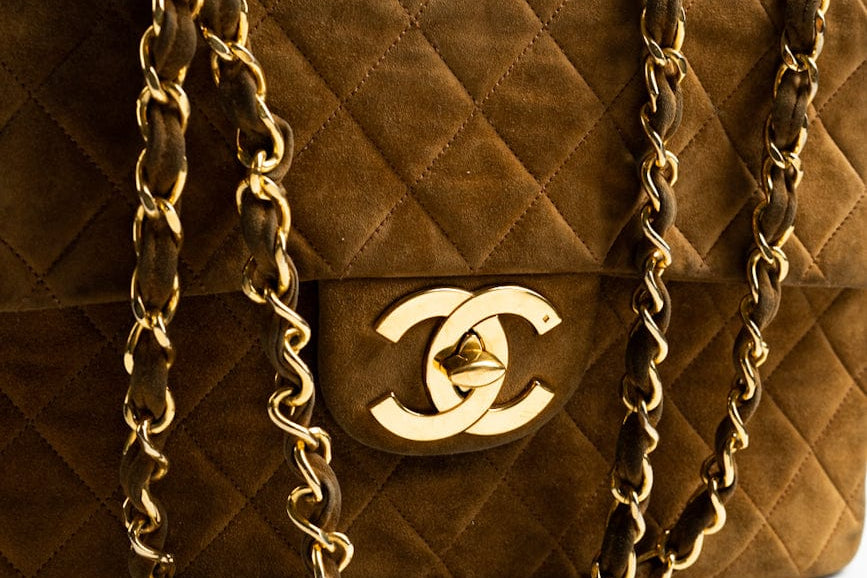 CHANEL Handbag Brown Vintage Tan/Brown Suede Quilted Jumbo XL Single Flap 24k GHW -Knockoff
