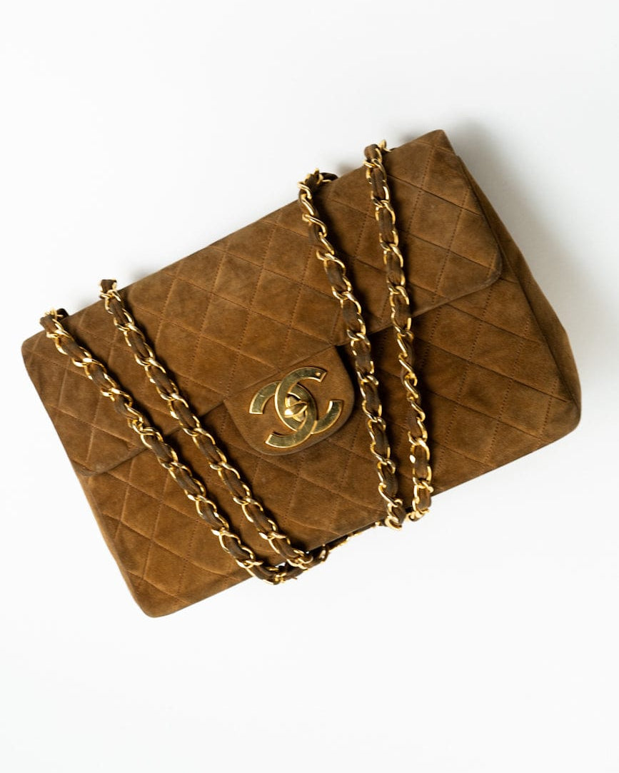 CHANEL Handbag Brown Vintage Tan/Brown Suede Quilted Jumbo XL Single Flap 24k GHW -Knockoff
