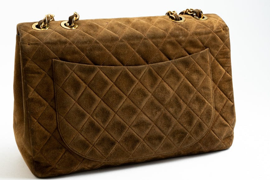 CHANEL Handbag Brown Vintage Tan/Brown Suede Quilted Jumbo XL Single Flap 24k GHW -Knockoff
