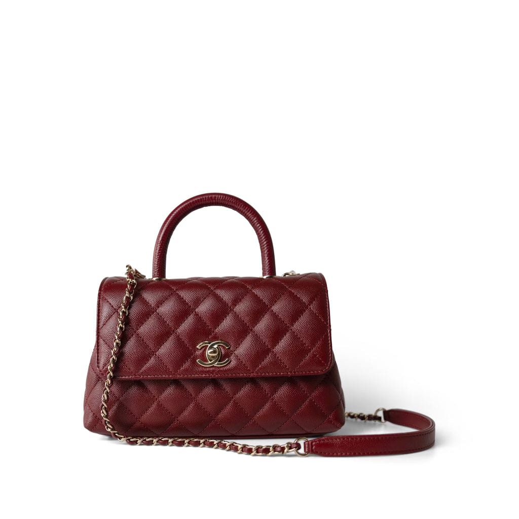 CHANEL Handbag Burgundy Burgundy Caviar Quilted Coco Handle Small Light Gold Hardware -Knockoff
