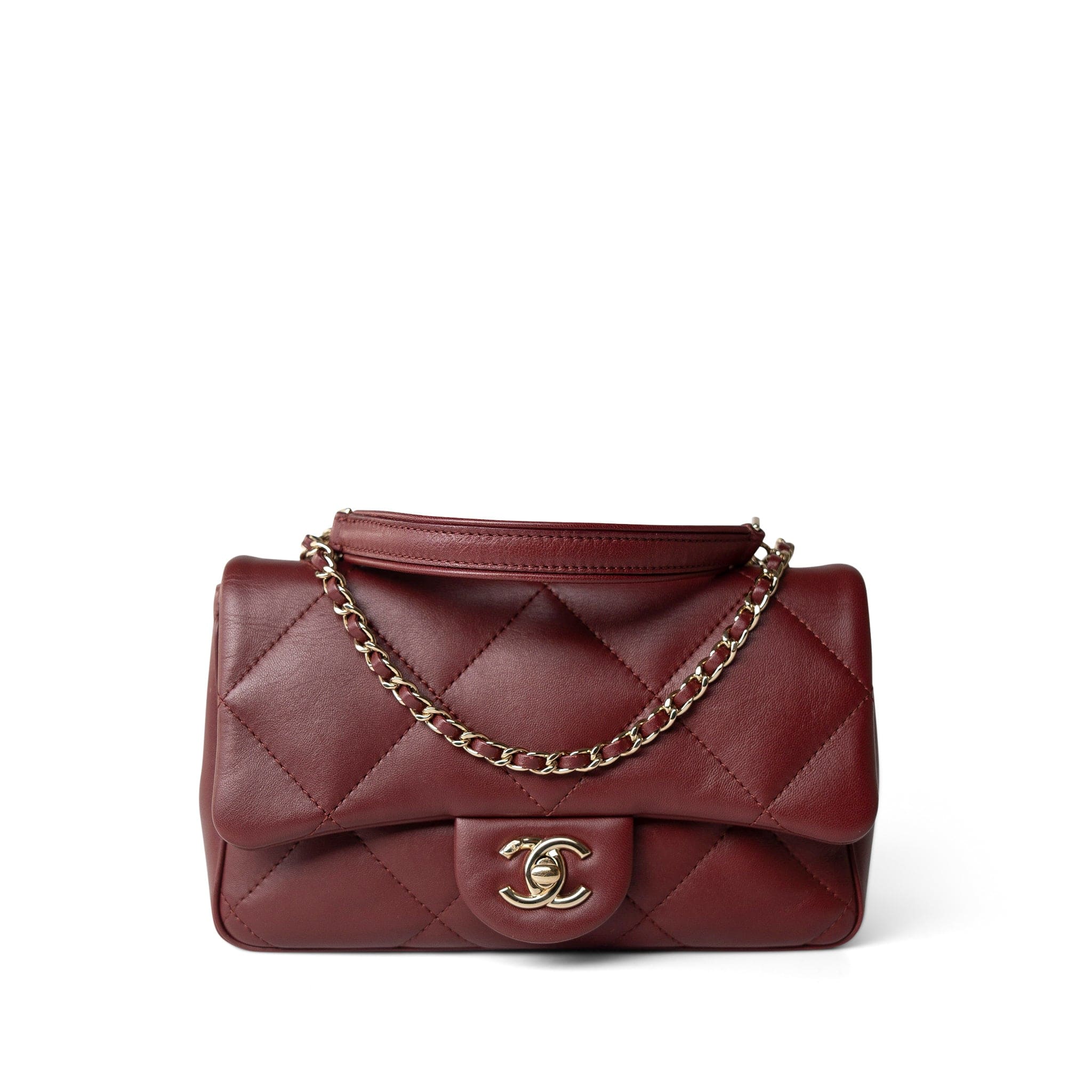 CHANEL Handbag Burgundy Easy Carry Flap Burgundy Lambskin Quilted Light Gold Hardware -Knockoff
