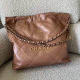 CHANEL Handbag Caramel Shiny Calfskin Quilted 22 Drawstring Bag Small GHW -Knockoff
