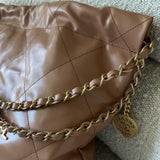 CHANEL Handbag Caramel Shiny Calfskin Quilted 22 Drawstring Bag Small GHW -Knockoff
