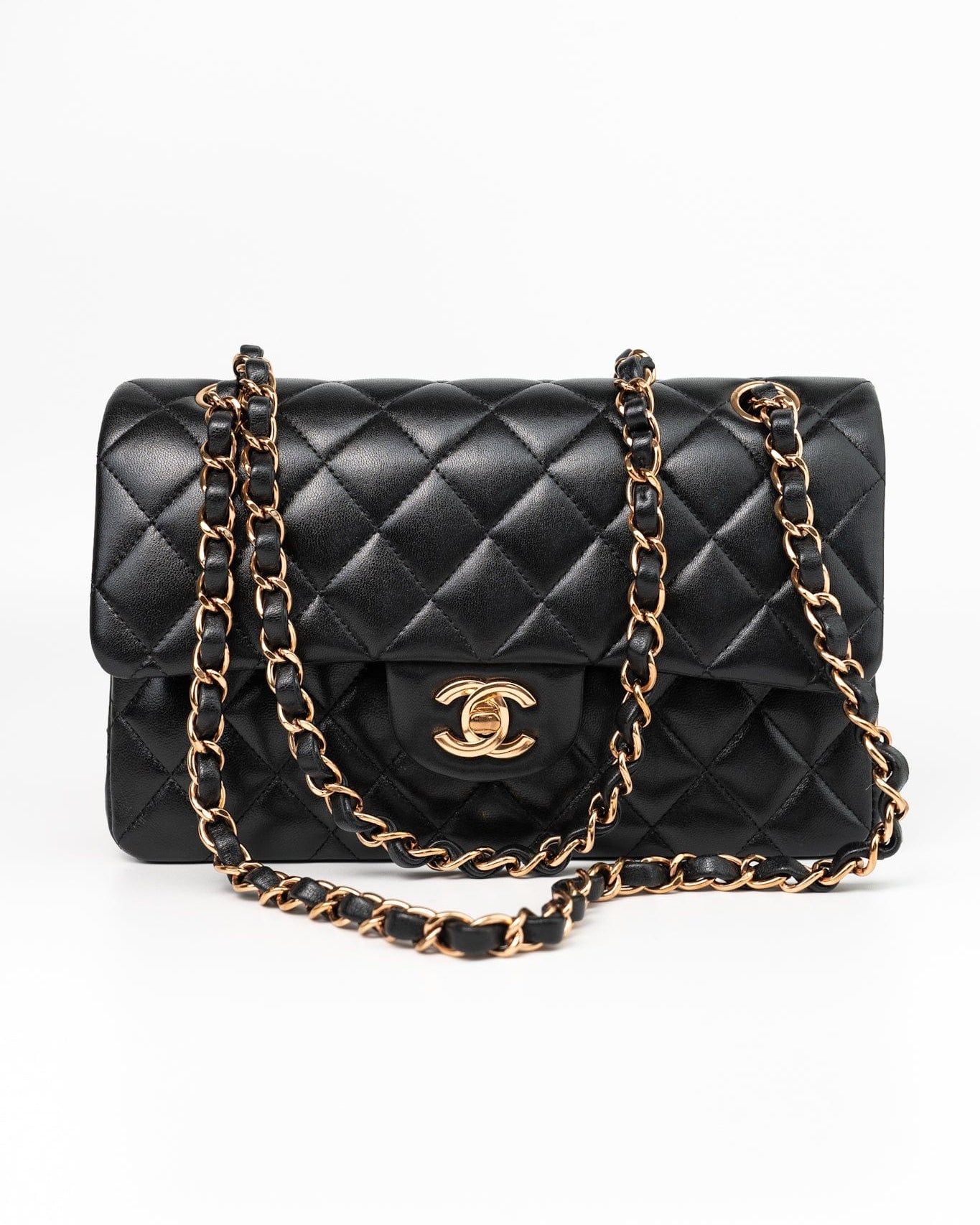 CHANEL Handbag Chanel 21B Small Black Lambskin Quilted Classic Flap Rose Gold Hardware -Knockoff
