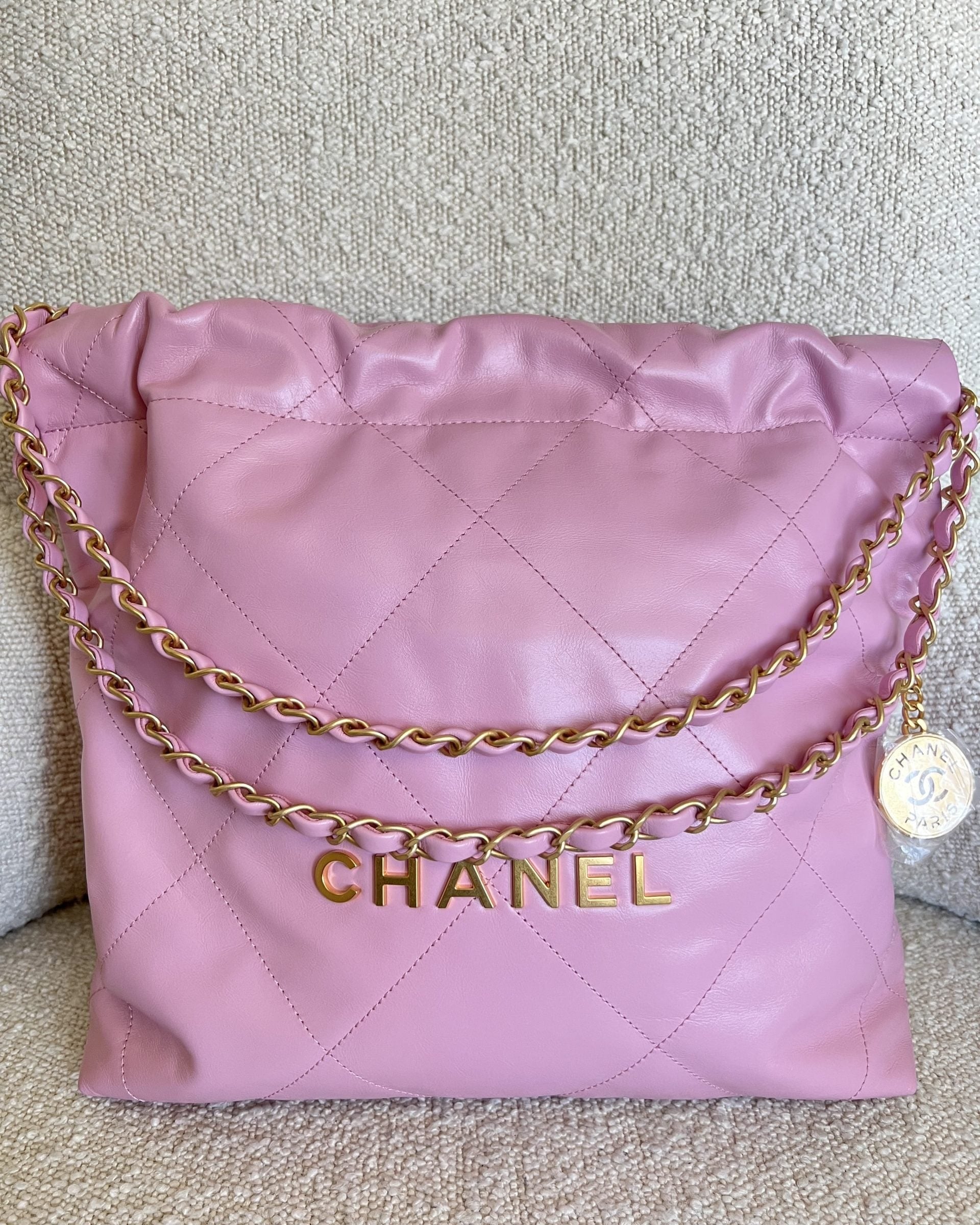 CHANEL Handbag Chanel 22 Pink Shiny Calfskin Quilted Drawstring Bag Small GHW -Knockoff
