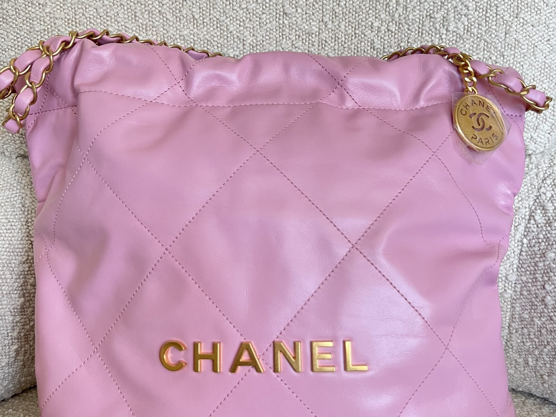 CHANEL Handbag Chanel 22 Pink Shiny Calfskin Quilted Drawstring Bag Small GHW -Knockoff
