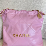 CHANEL Handbag Chanel 22 Pink Shiny Calfskin Quilted Drawstring Bag Small GHW -Knockoff
