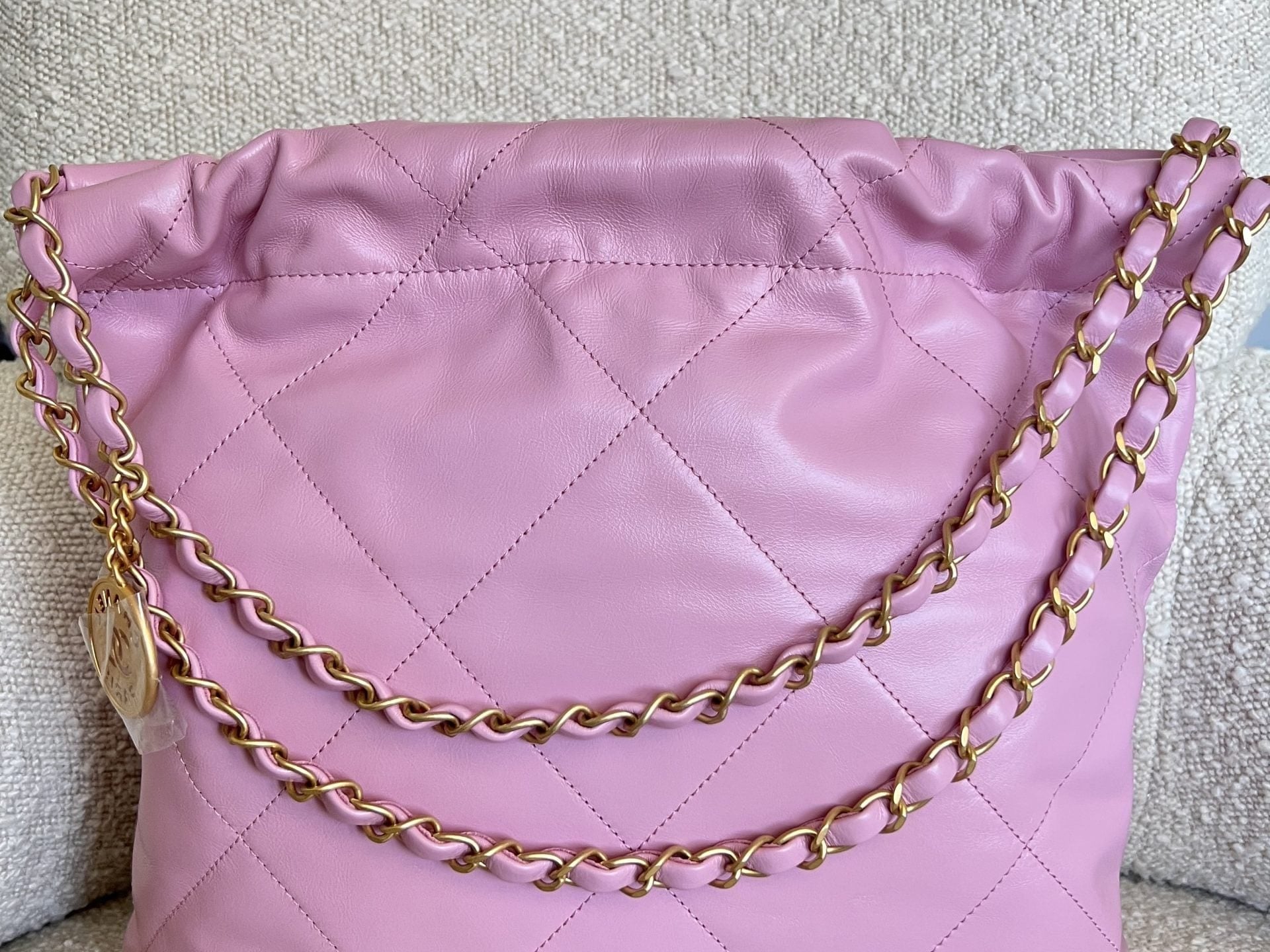 CHANEL Handbag Chanel 22 Pink Shiny Calfskin Quilted Drawstring Bag Small GHW -Knockoff
