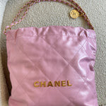 CHANEL Handbag Chanel 22 Pink Shiny Calfskin Quilted Drawstring Bag Small GHW -Knockoff
