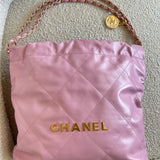 CHANEL Handbag Chanel 22 Pink Shiny Calfskin Quilted Drawstring Bag Small GHW -Knockoff
