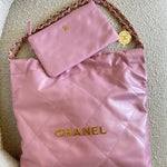 CHANEL Handbag Chanel 22 Pink Shiny Calfskin Quilted Drawstring Bag Small GHW -Knockoff
