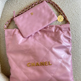 CHANEL Handbag Chanel 22 Pink Shiny Calfskin Quilted Drawstring Bag Small GHW -Knockoff
