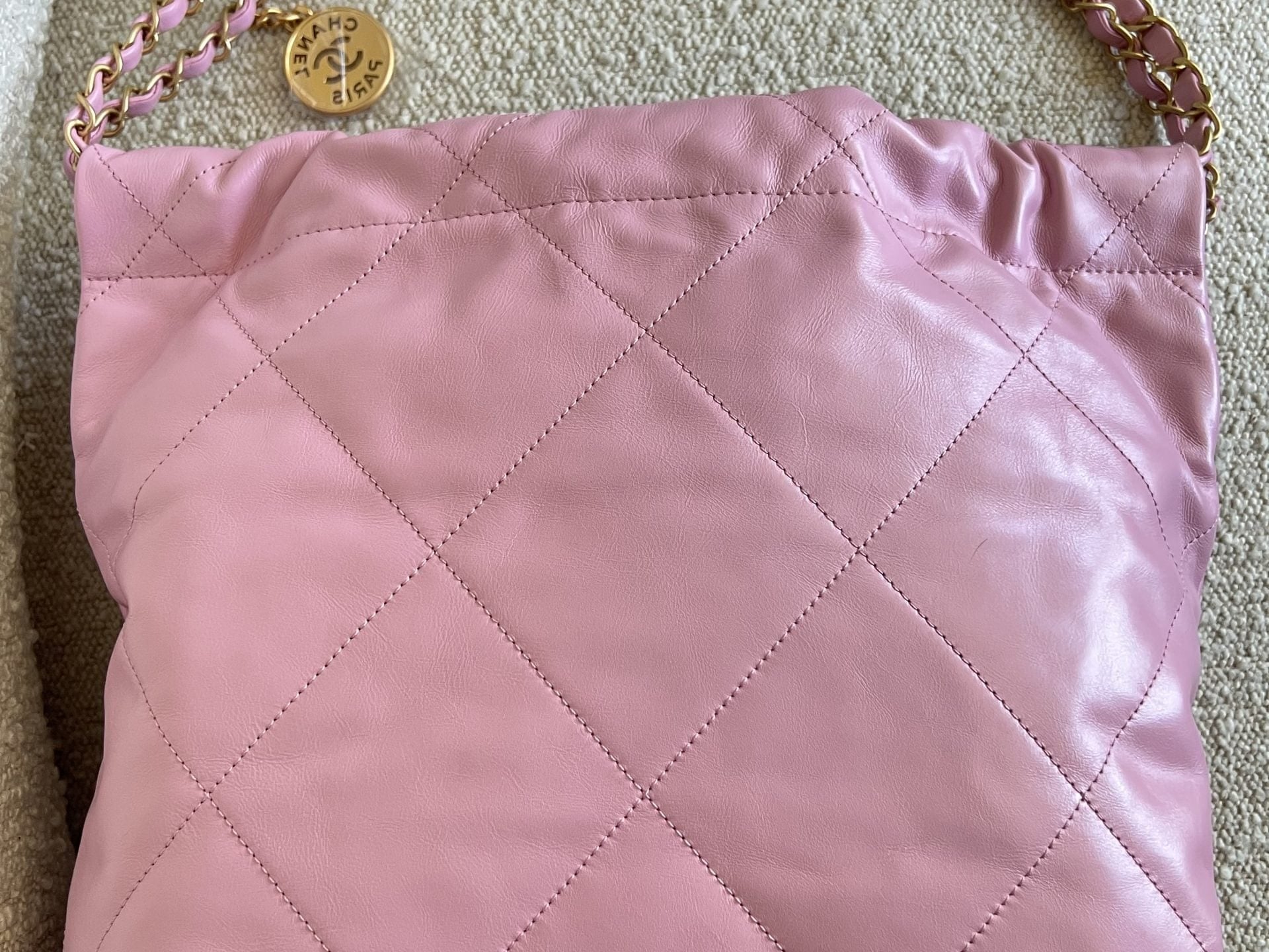 CHANEL Handbag Chanel 22 Pink Shiny Calfskin Quilted Drawstring Bag Small GHW -Knockoff
