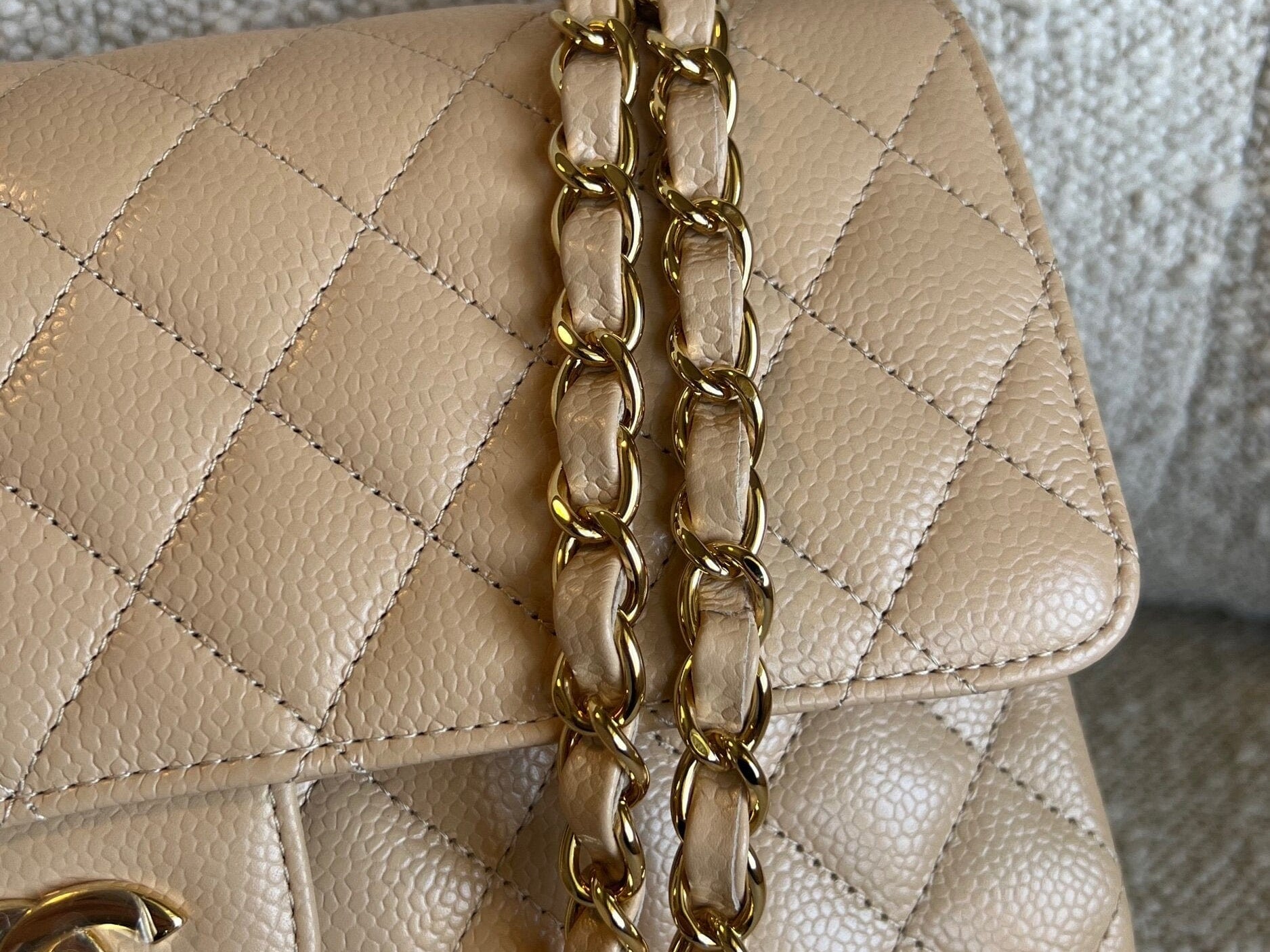 CHANEL Handbag Chanel Beige Clair Caviar Quilted Classic Flap  Medium GHW -Knockoff
