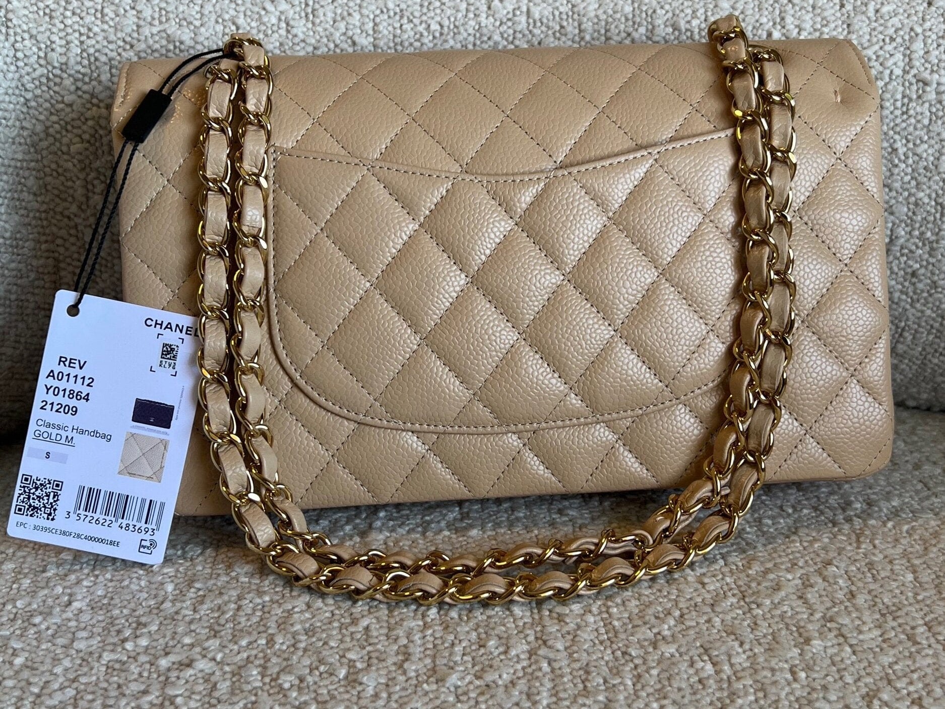 CHANEL Handbag Chanel Beige Clair Caviar Quilted Classic Flap  Medium GHW -Knockoff
