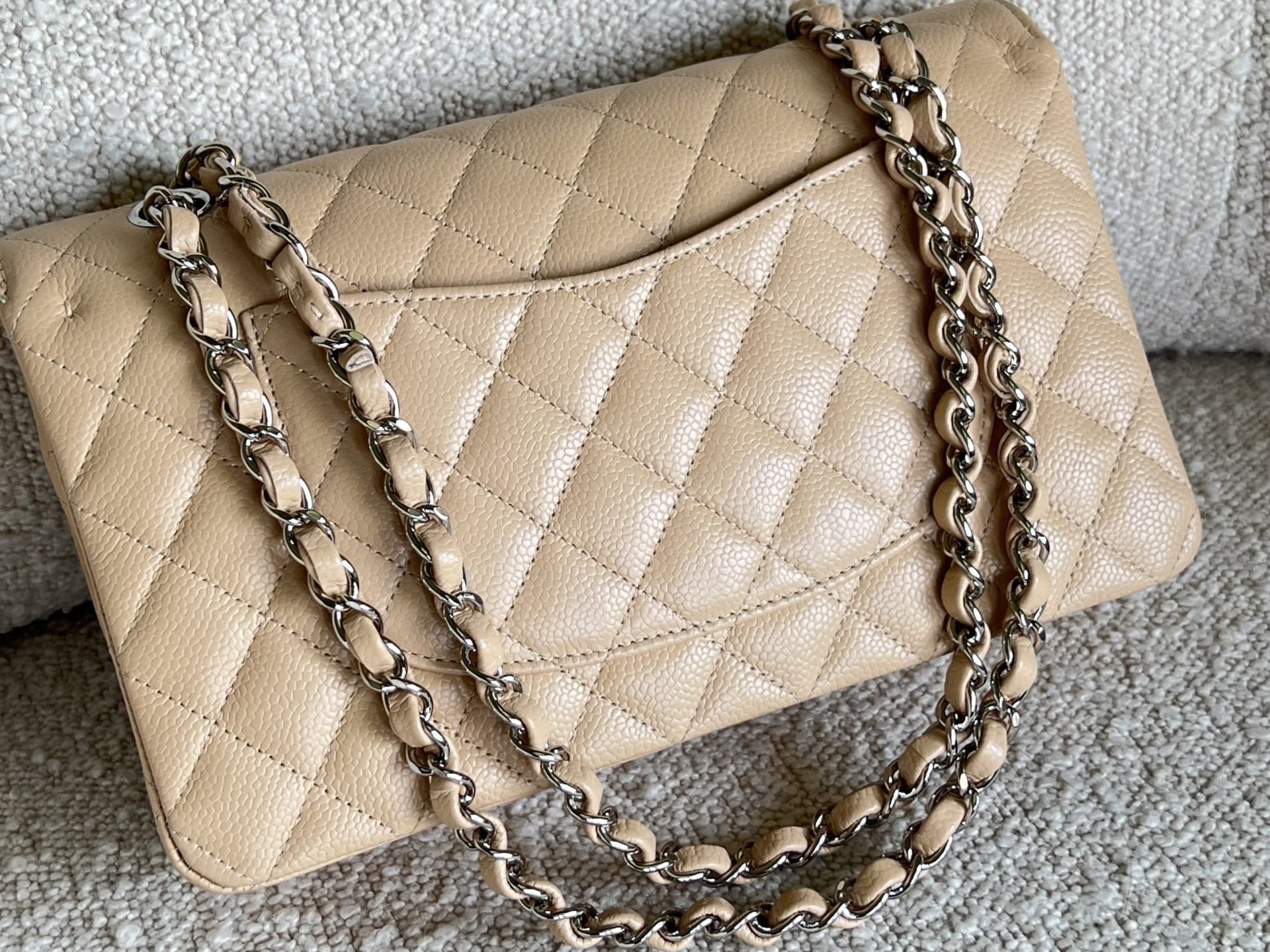 CHANEL Handbag Chanel Beige Clair Caviar Quilted Classic Flap Medium SHW -Knockoff
