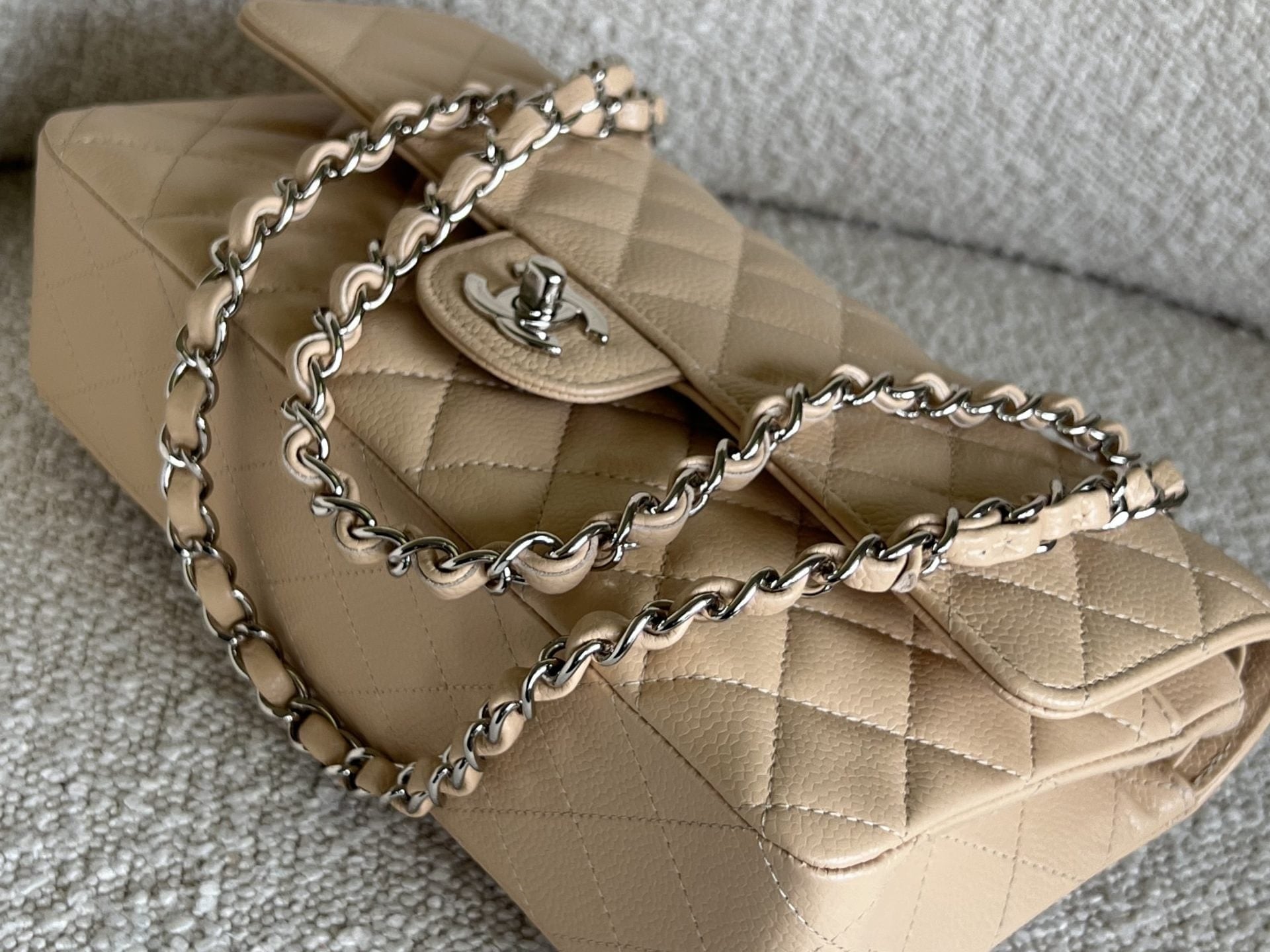 CHANEL Handbag Chanel Beige Clair Caviar Quilted Classic Flap Medium SHW -Knockoff
