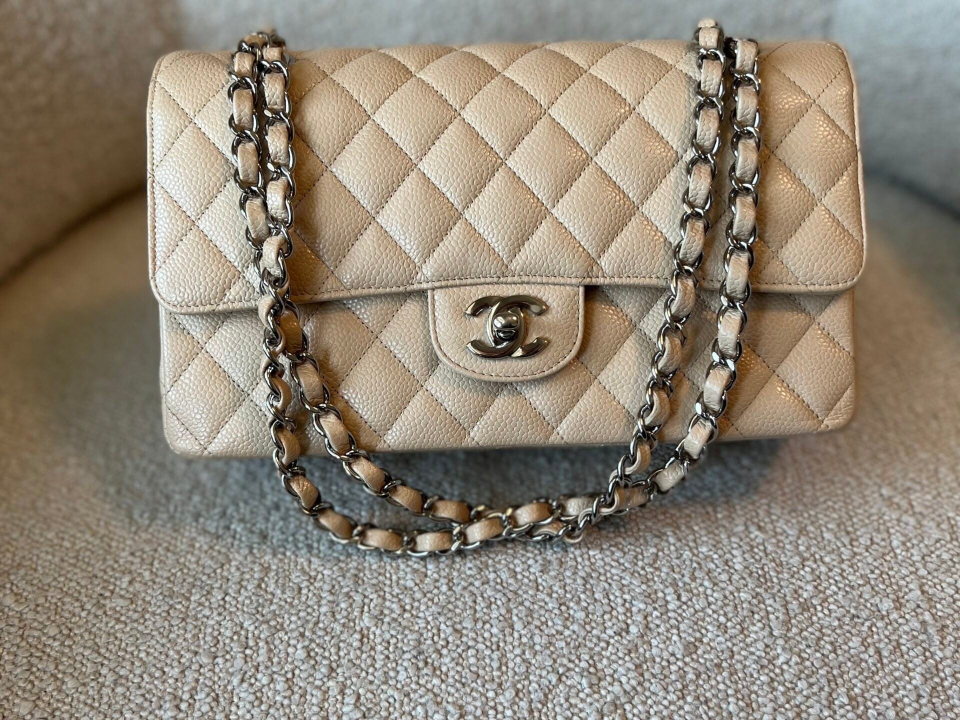 CHANEL Handbag Chanel Beige Clair Caviar Quilted Classic Flap Medium SHW -Knockoff
