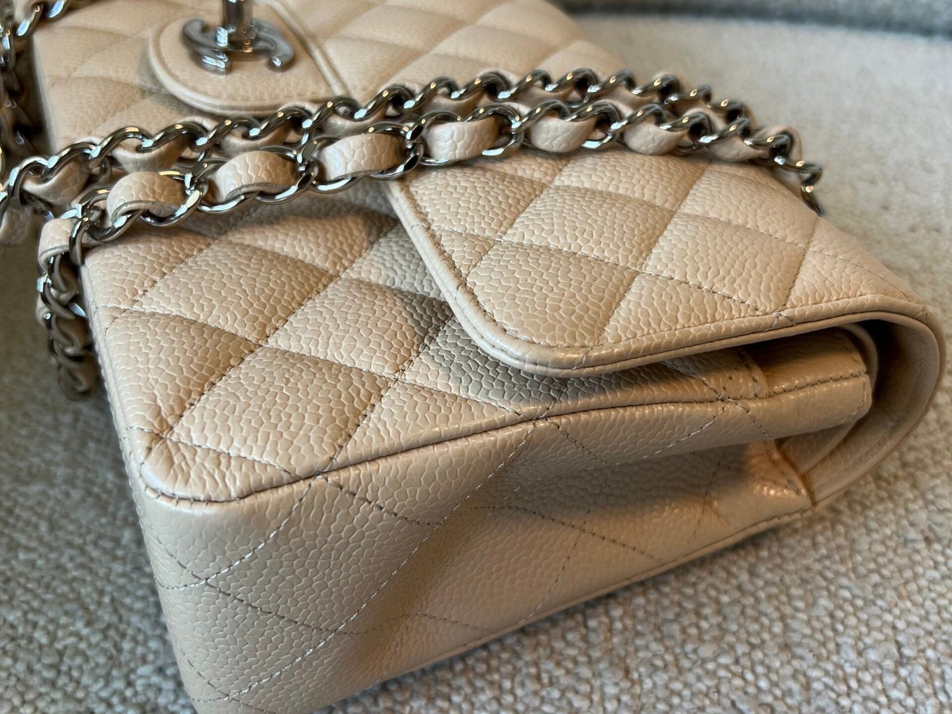 CHANEL Handbag Chanel Beige Clair Caviar Quilted Classic Flap Medium SHW -Knockoff
