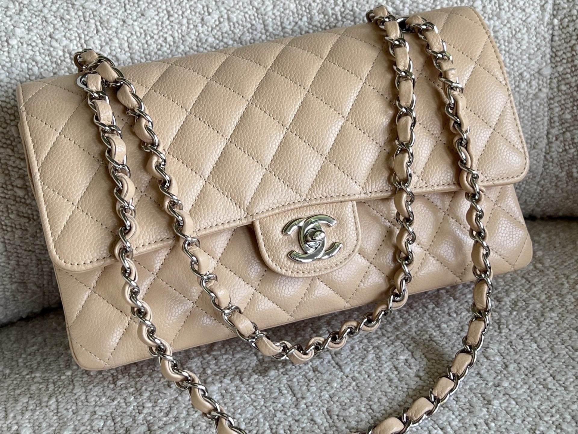 CHANEL Handbag Chanel Beige Clair Caviar Quilted Classic Flap Medium SHW -Knockoff
