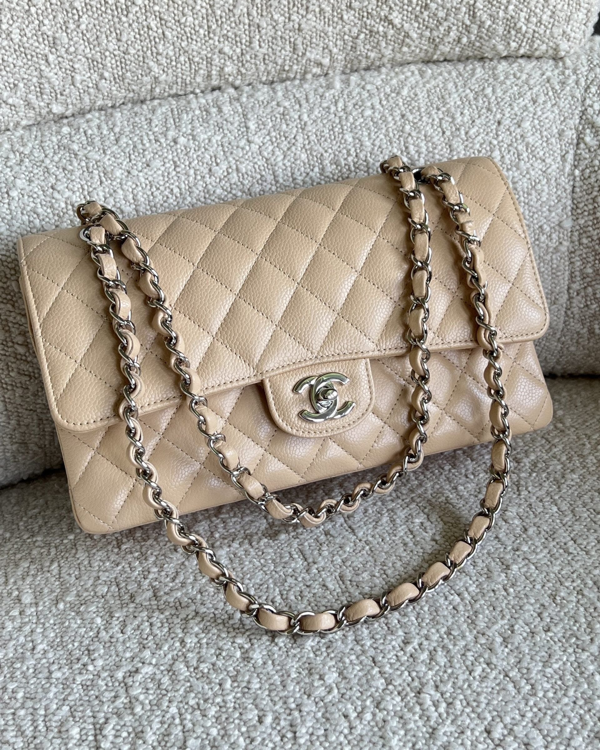 CHANEL Handbag Chanel Beige Clair Caviar Quilted Classic Flap Medium SHW -Knockoff
