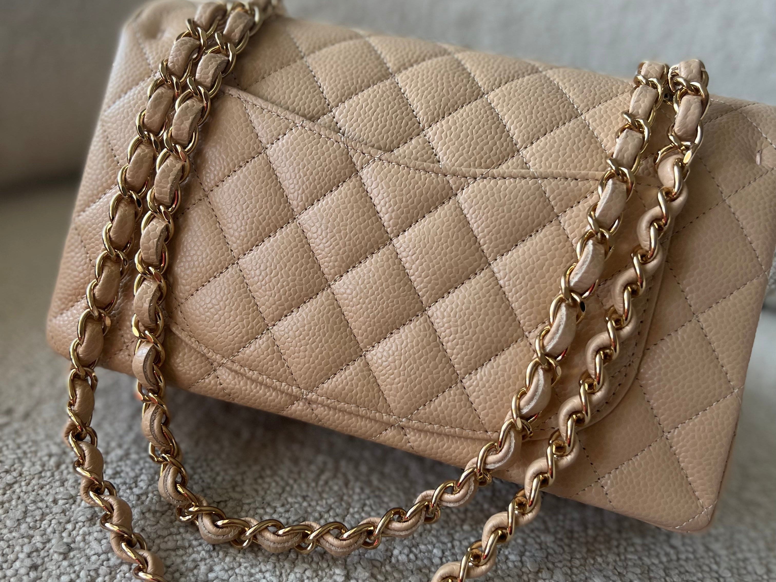 CHANEL Handbag Chanel Beige Clair Caviar Quilted Small Classic Double Flap Gold Hardware -Knockoff
