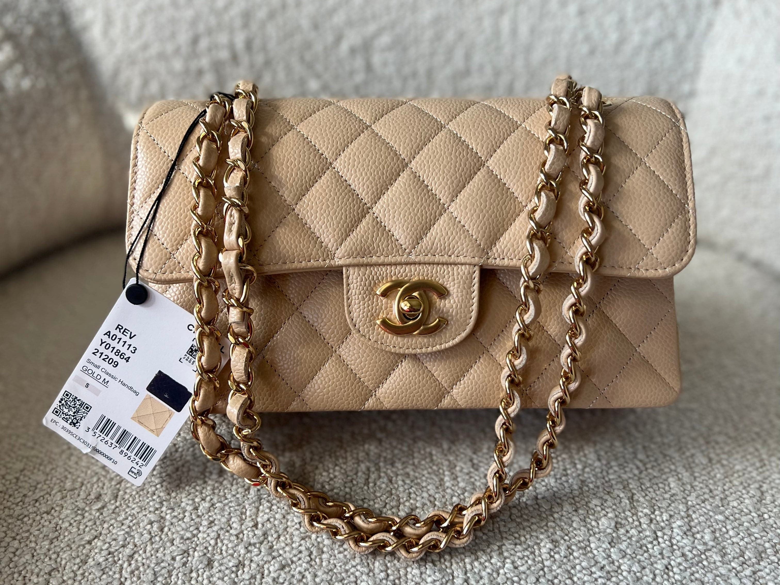 CHANEL Handbag Chanel Beige Clair Caviar Quilted Small Classic Double Flap Gold Hardware -Knockoff
