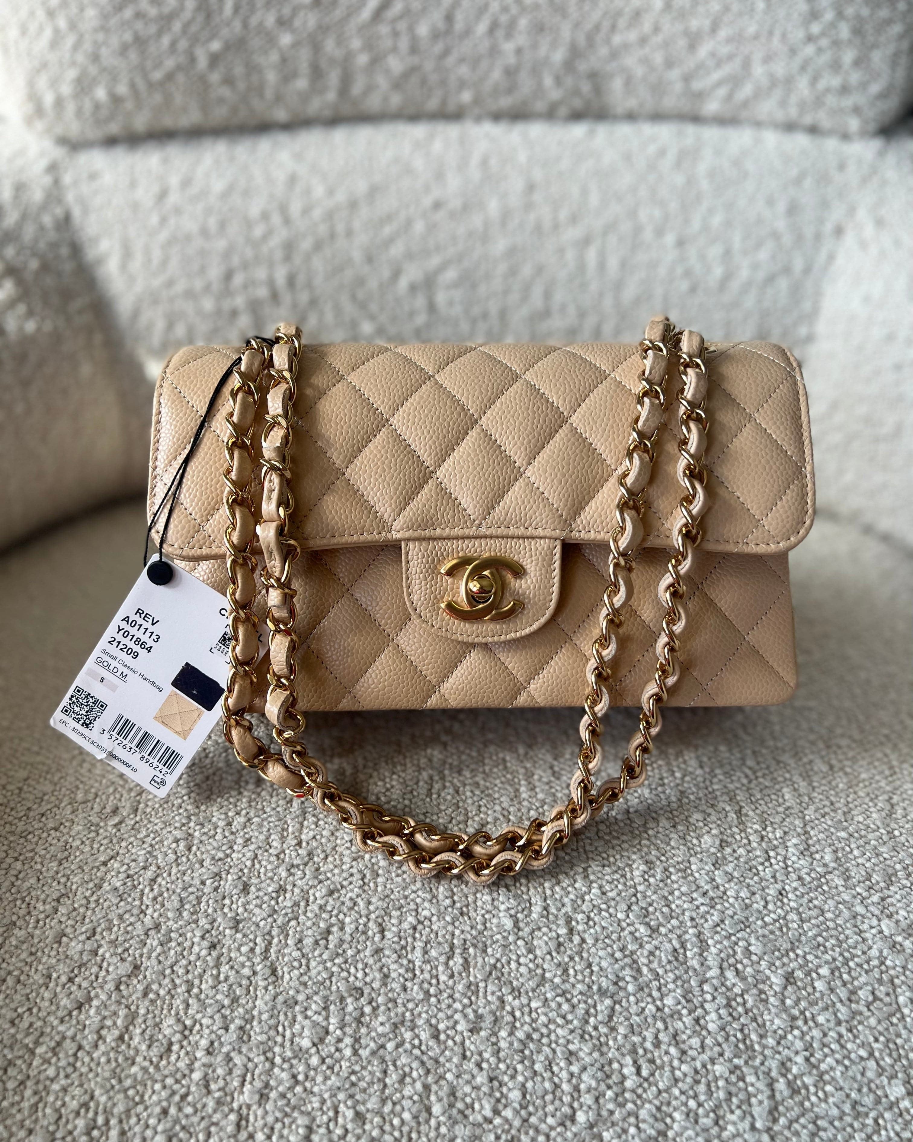 CHANEL Handbag Chanel Beige Clair Caviar Quilted Small Classic Double Flap Gold Hardware -Knockoff
