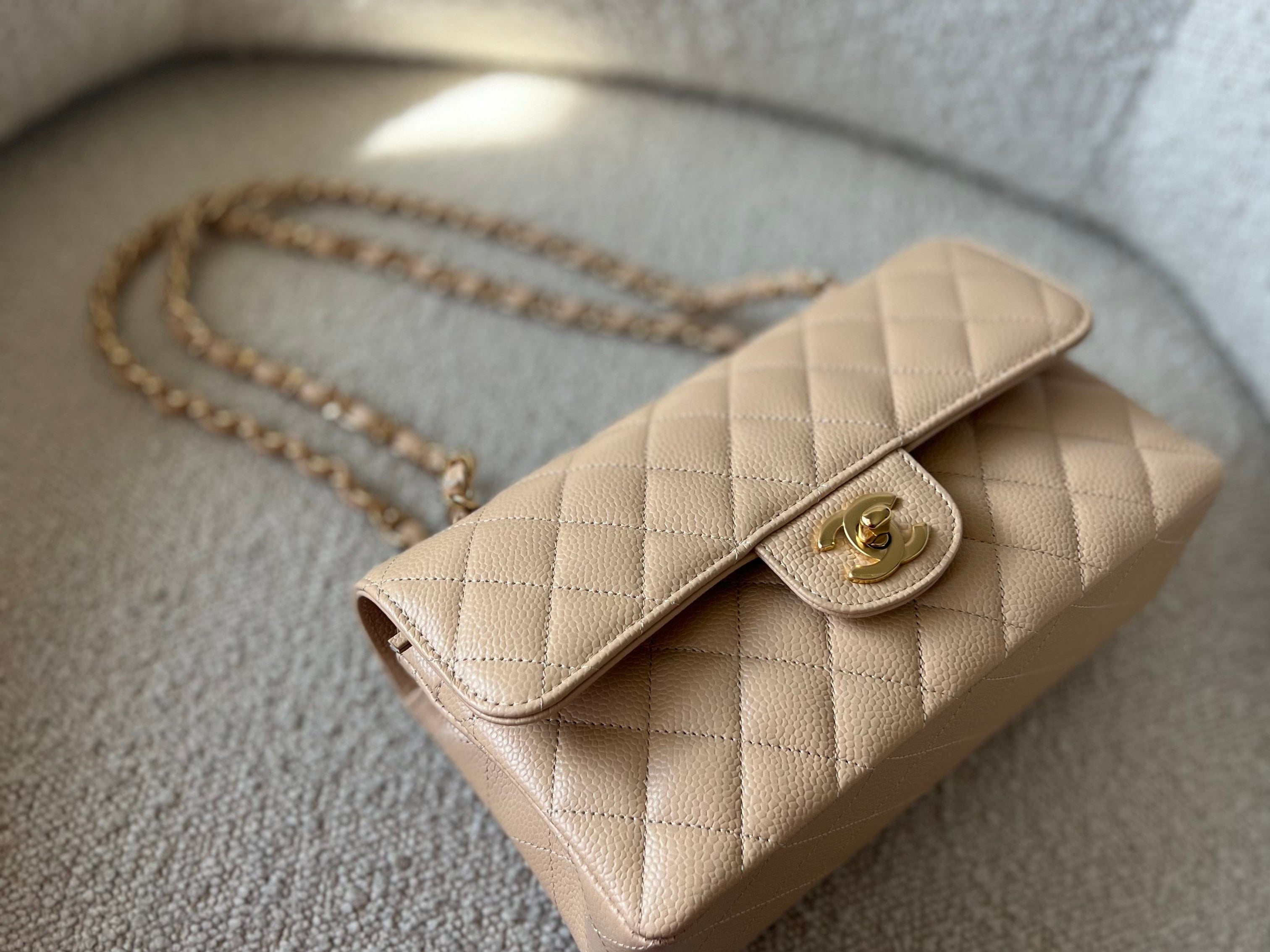 CHANEL Handbag Chanel Beige Clair Caviar Quilted Small Classic Double Flap Gold Hardware -Knockoff
