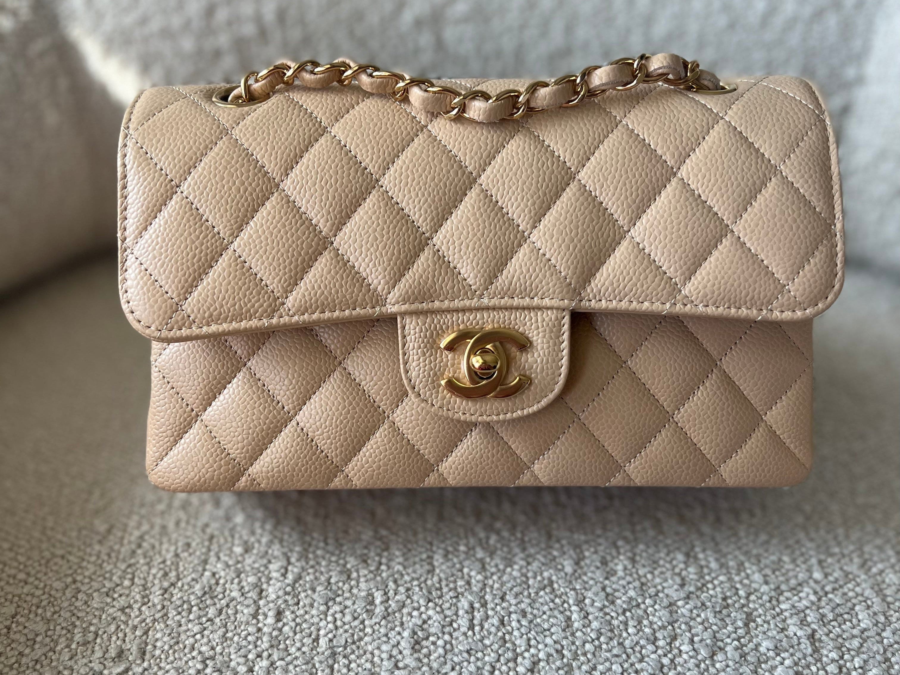 CHANEL Handbag Chanel Beige Clair Caviar Quilted Small Classic Double Flap Gold Hardware -Knockoff
